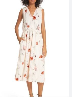 Vince Tossed Poppy Pleated Midi Dress Pink M